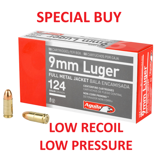 Aguila 124 Grain Full Metal Jacket LOW PRESSURE/LIGHT RECOIL. See Details Page - No Warranty; No Returns