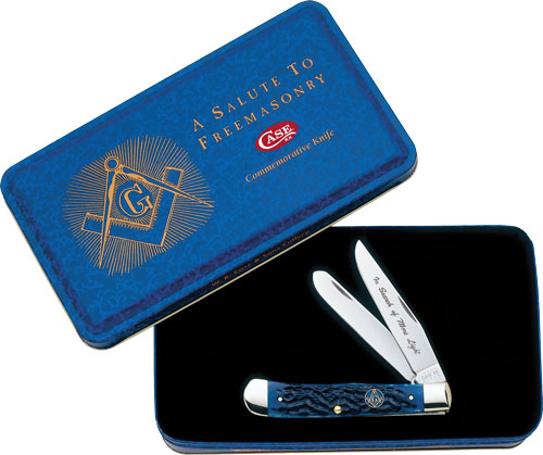 Case Masonic Gift Tin with Standard Jig Blue Bone Trapper Knife