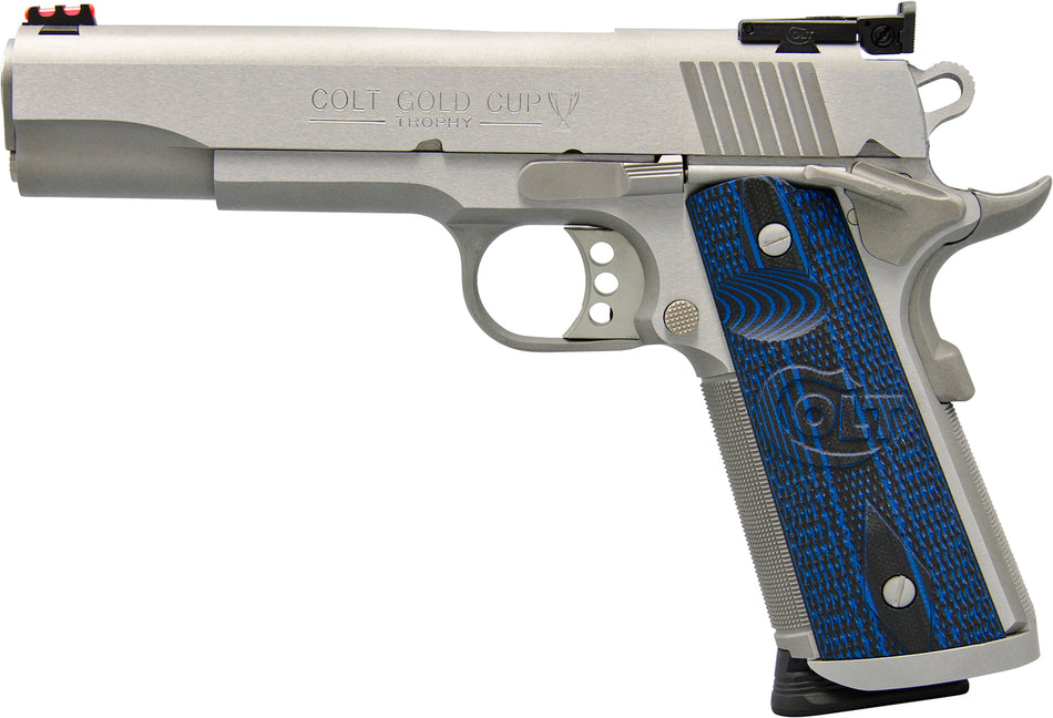 Colt O5072XE Gold Cup Trophy 9mm Luger 5" Pistol, Stainless Slide & Frame, Blue G10 Grips, 9+1