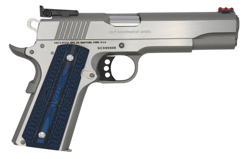 Colt O5070GCL Gold Cup Lite .45 ACP 8+1 5" Stainless National Match Barrel, Stainless Steel Serrated Slide, Frame w/Beavertail, Blue Scalloped G10 Grip, Ambidextrous