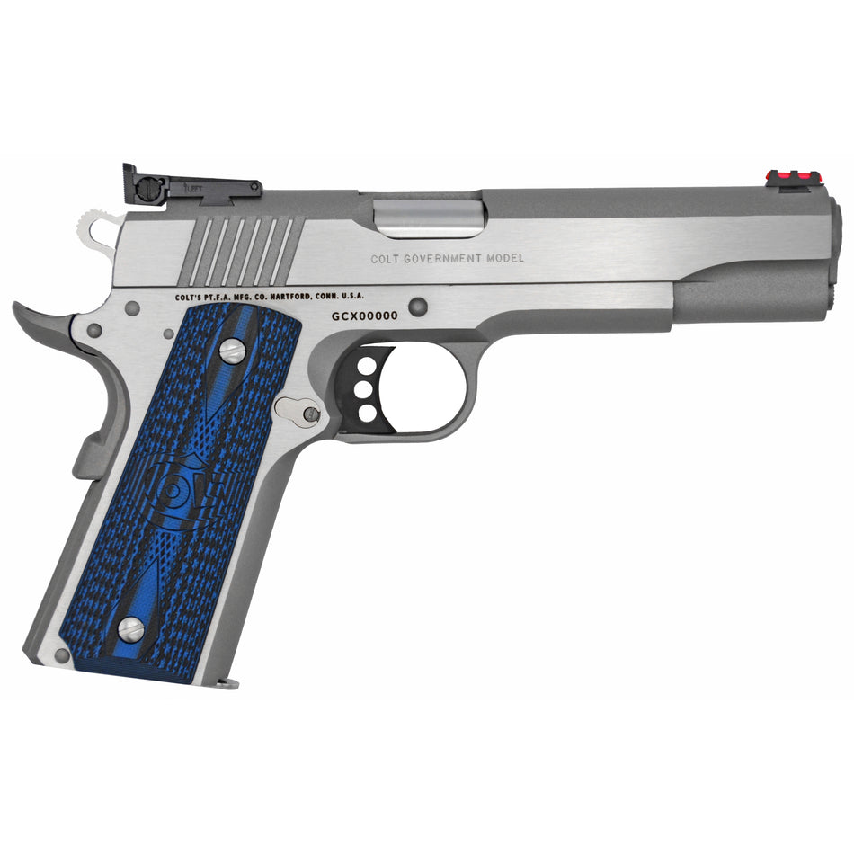 Colt O5072GCL Gold Cup Lite 9mm Luger 8+1 5" Stainless National Match Barrel, Stainless Steel Serrated Slide, Frame w/Beavertail, Blue Scalloped G10 Grip, Ambidextrous