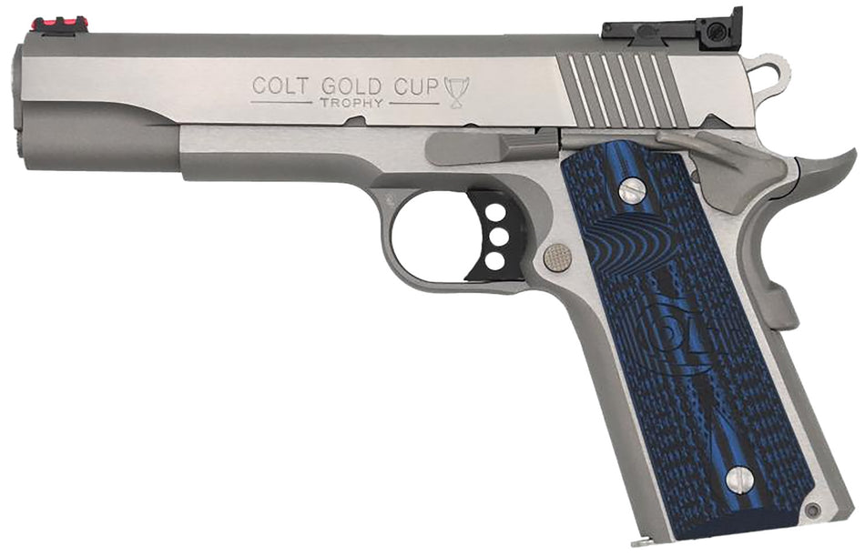 Colt O5073GCL Gold Cup Lite .38 Super 8+1 5" Stainless National Match Barrel, Stainless Steel Serrated Slide, Frame w/Beavertail, Blue Scalloped G10 Grip, Ambidextrous