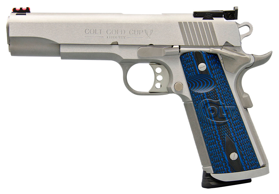 Colt O5073XE Gold Cup Trophy .38 Super 9+1 5" Stainless National Match Barrel, Stainless Steel Serrated Slide & Frame w/Beavertail, Blue Scalloped G10 Grip, Ambidextrous