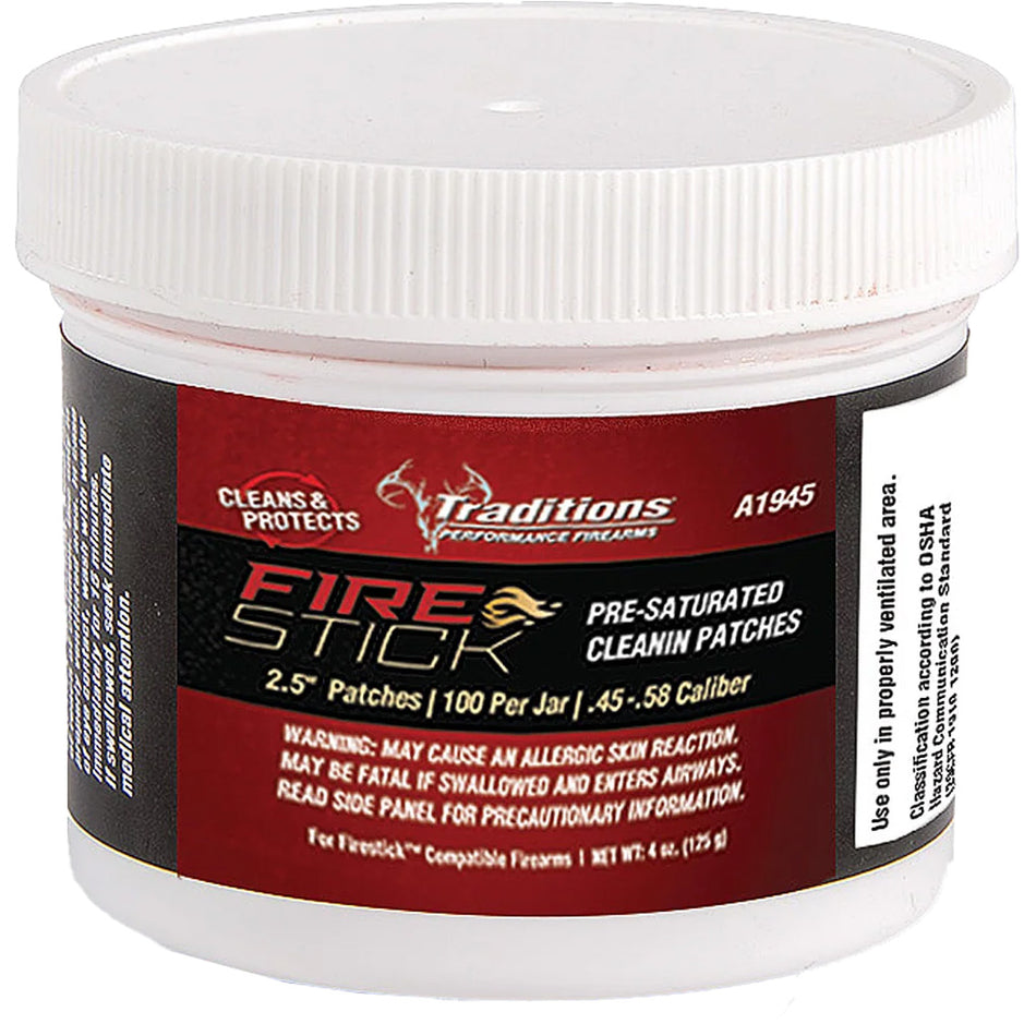 Traditions Firestick Saturated Cleaning Patches 2.5 in. .45-58 Cal, Jar of 100