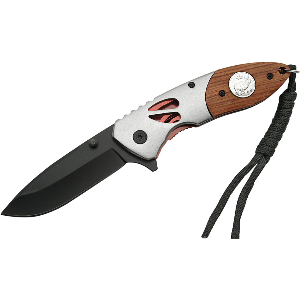 SZCO Deer Imprint Folder Knife 4.5 Inch Closed Wood Handle Clip Carry