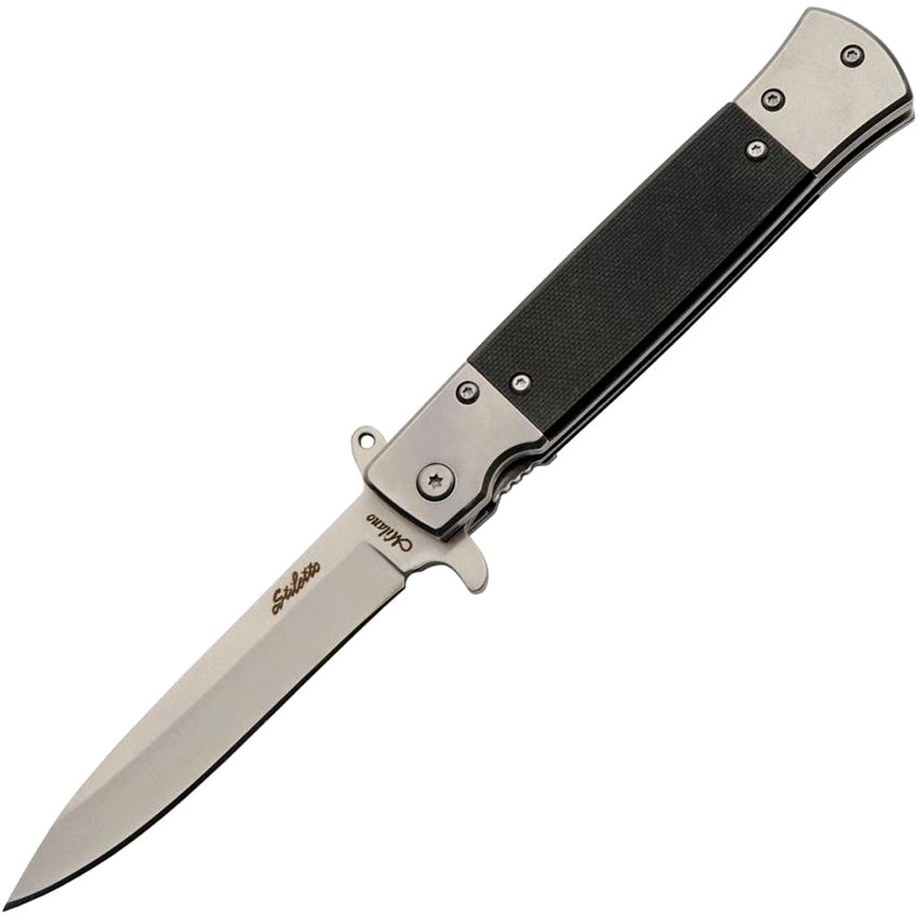 SZCO Silver G10 Stiletto Knife 4.75 Inch Closed Satin Finish with Belt Clip