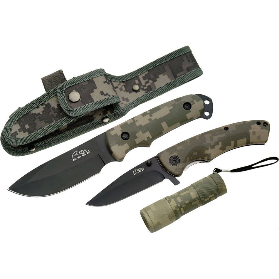 SZCO Hunting Knife Combo Set Digital Camo Fixed and Folding Knife with Light