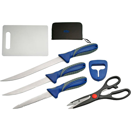 SZCO Filet Knife Set 6 pc Stainless Steel with Sharpener and Cutting Board