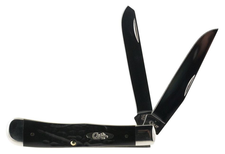 Case 18221 Rough Black Trapper 3.25"/3.27" Two-Blade Folding Knife with Tru-Sharp SS Blades and Jigged Synthetic Handle