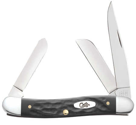 Case 18222 Rough Black Stockman Three-Blade Folding Knife 2.57"/1.88"/1.71" Mirror Polished SS, Black Jigged Synthetic Handle