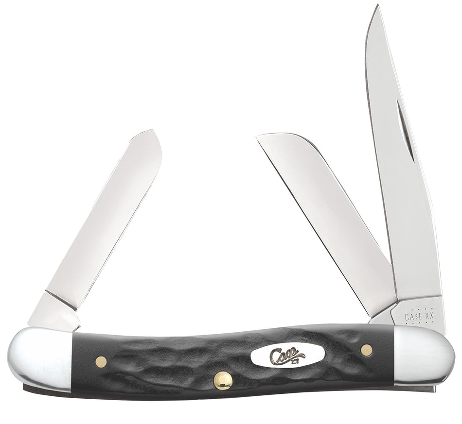 Case 18222 Rough Black Stockman Three-Blade Folding Knife 2.57"/1.88"/1.71" Mirror Polished SS, Black Jigged Synthetic Handle