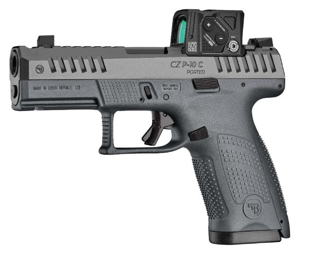 CZ-USA 91582 P-10 C Compact 9mm Luger 15+1 4" Black Nitride Integral Compensator Barrel, Black Nitride Steel Serrated w/Optic Slide, Black Polymer Frame w/Accessory Rail Textured Grip, Aimpoint COA 3