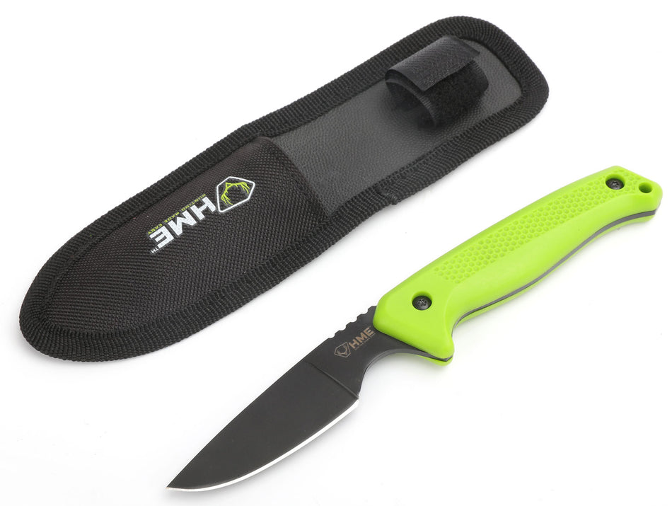 HME Fixed Blade Caper 2.50" 420HC Steel Black Oxide Finish Green Non-Slip TPR Handle with Heavy-Duty Sheath