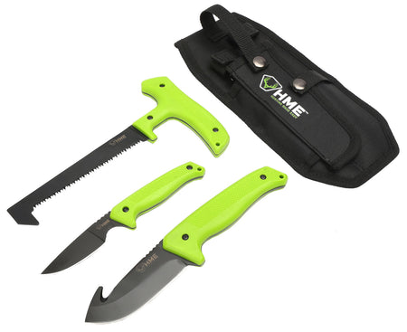 HME 3-Piece Field Kit 420HC Stainless Steel Black Oxide Finish Thermoplastic Rubber Green Handles with Gut Hook Knife, Saw, and Caper
