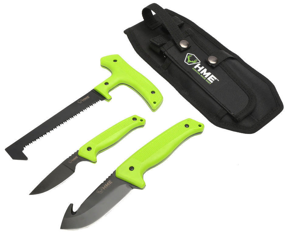 HME 3-Piece Field Kit 420HC Stainless Steel Black Oxide Finish Thermoplastic Rubber Green Handles with Gut Hook Knife, Saw, and Caper