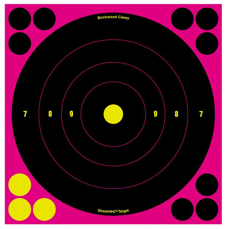 Birchwood Casey Shoot-N-C 8 Inch Bullseye Reactive Target Black/Pink Self-Adhesive 6 Pack