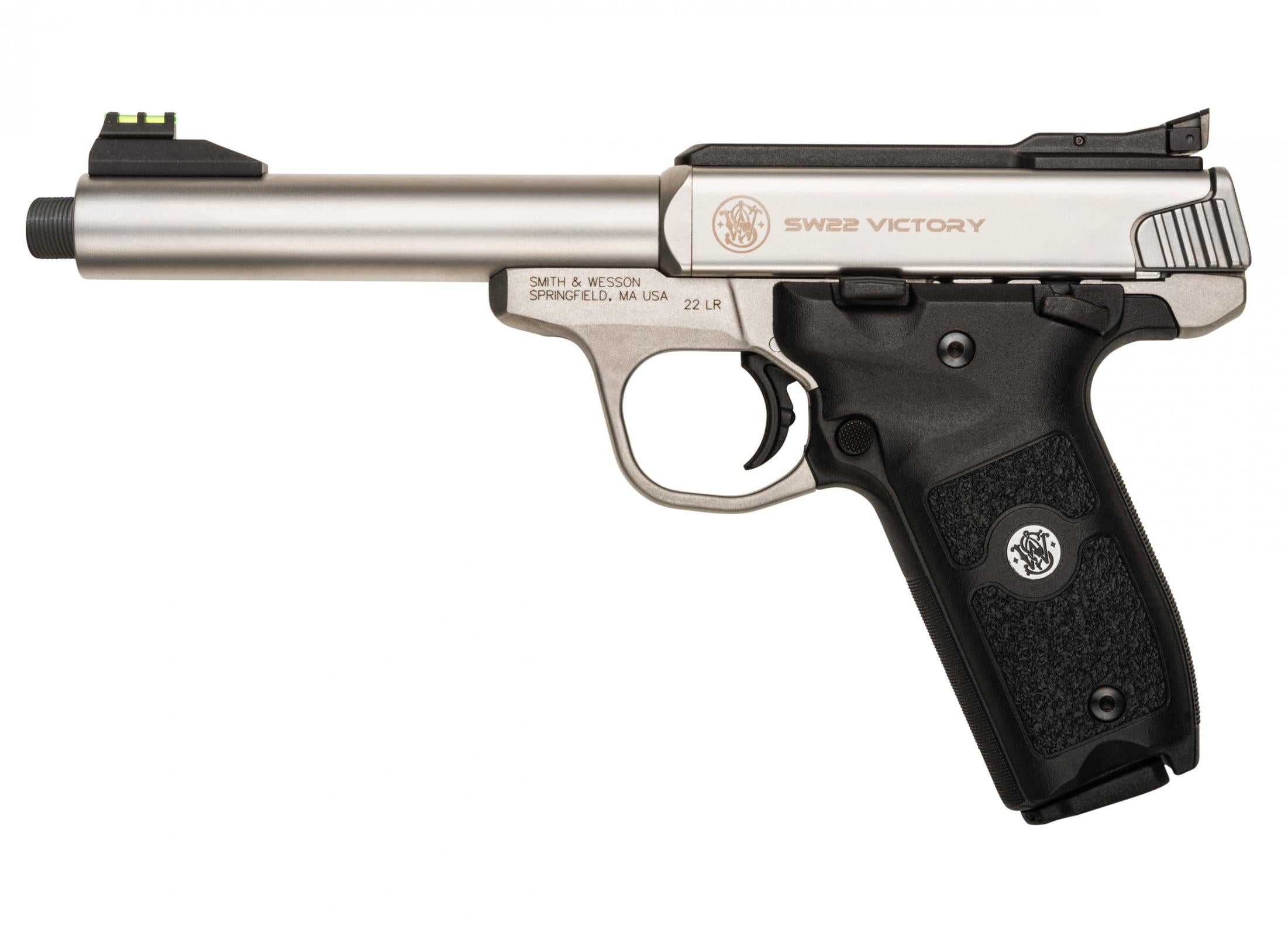 Smith & Wesson 10201 SW22 Victory Full Size Frame 22 LR 10+1, 5.50" Satin Stainless Steel Threaded Barrel, Slide & Frame, Black Textured Grip, Thumb Safety