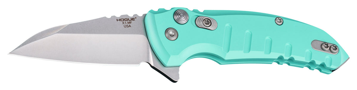 Hogue 24163 X1 MicroFlip Folding Knife 2.75" Wharncliffe Blade, Tumble Polished 154CM SS, Aquamarine Aluminum Handle & Pocket Clip