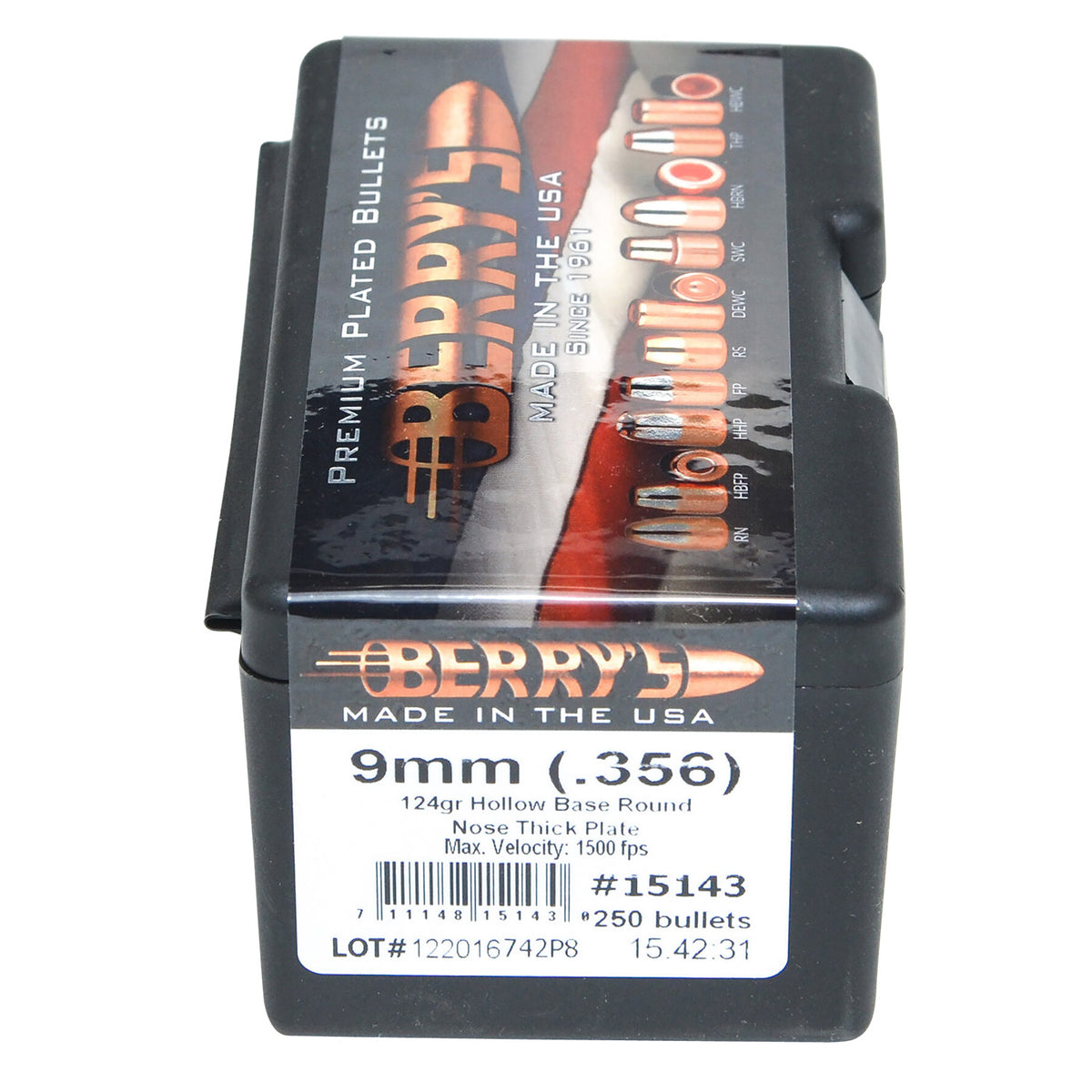Berry's 15143 9mm/.356 124gr Hollow Base RN Thick Plate Reloading Bullets 250/Box
