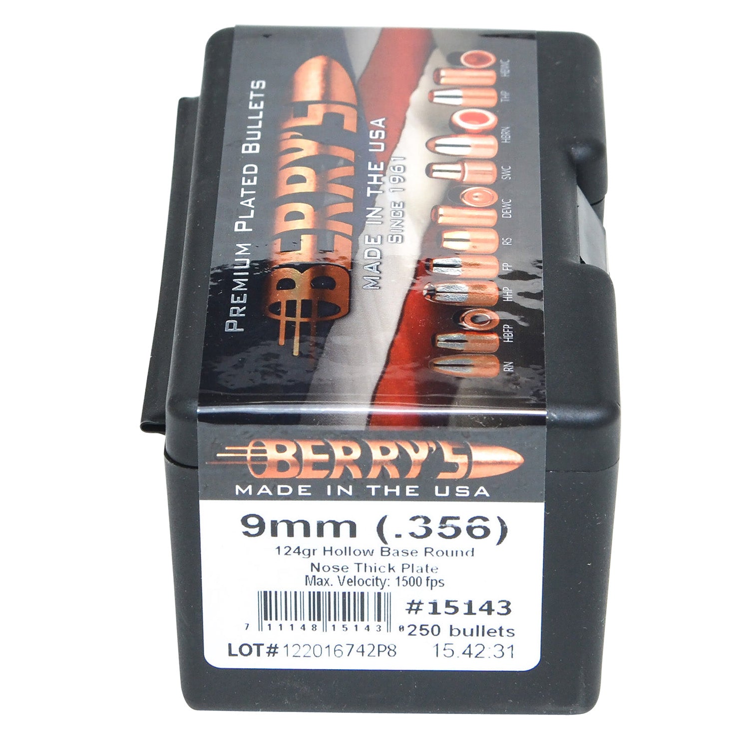 Berry's 15143 9mm/.356 124gr Hollow Base RN Thick Plate Reloading Bullets 250/Box