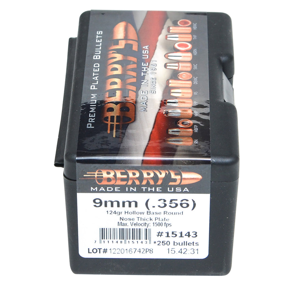 Berry's 15143 9mm/.356 124gr Hollow Base RN Thick Plate Reloading Bullets 250/Box