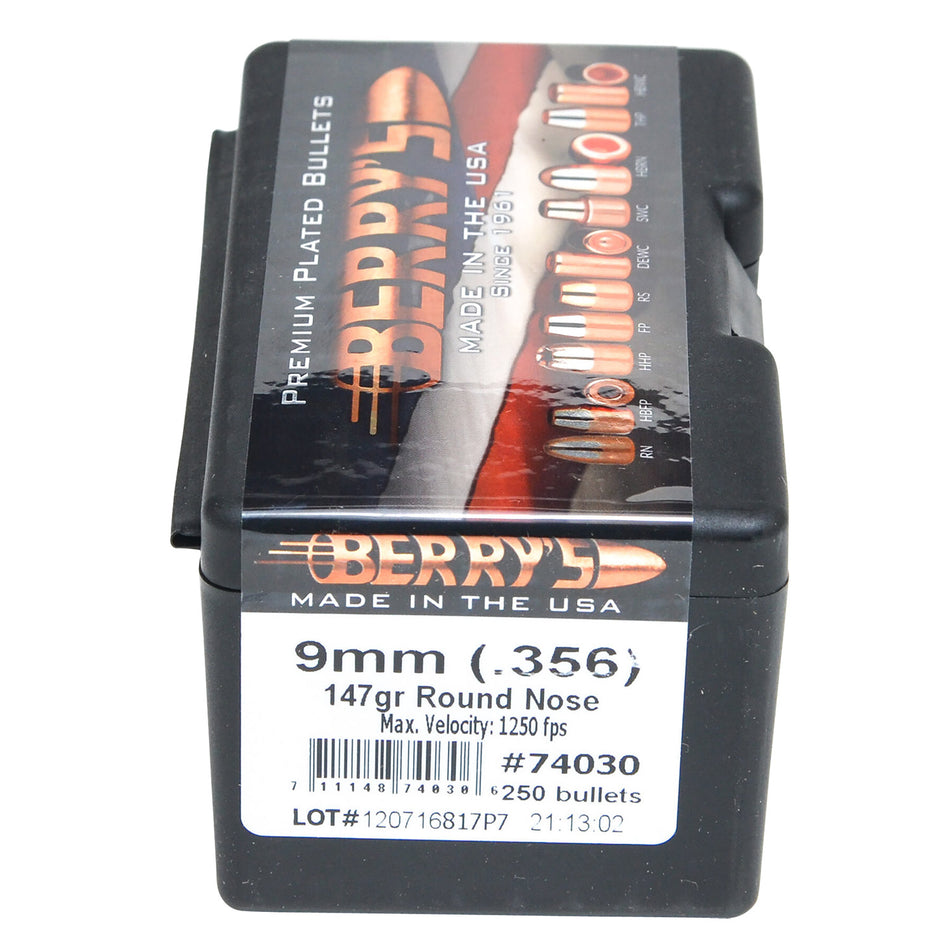 Berry's 74030 9mm/.356 147gr Round Nose Reloading Bullets 250/Box