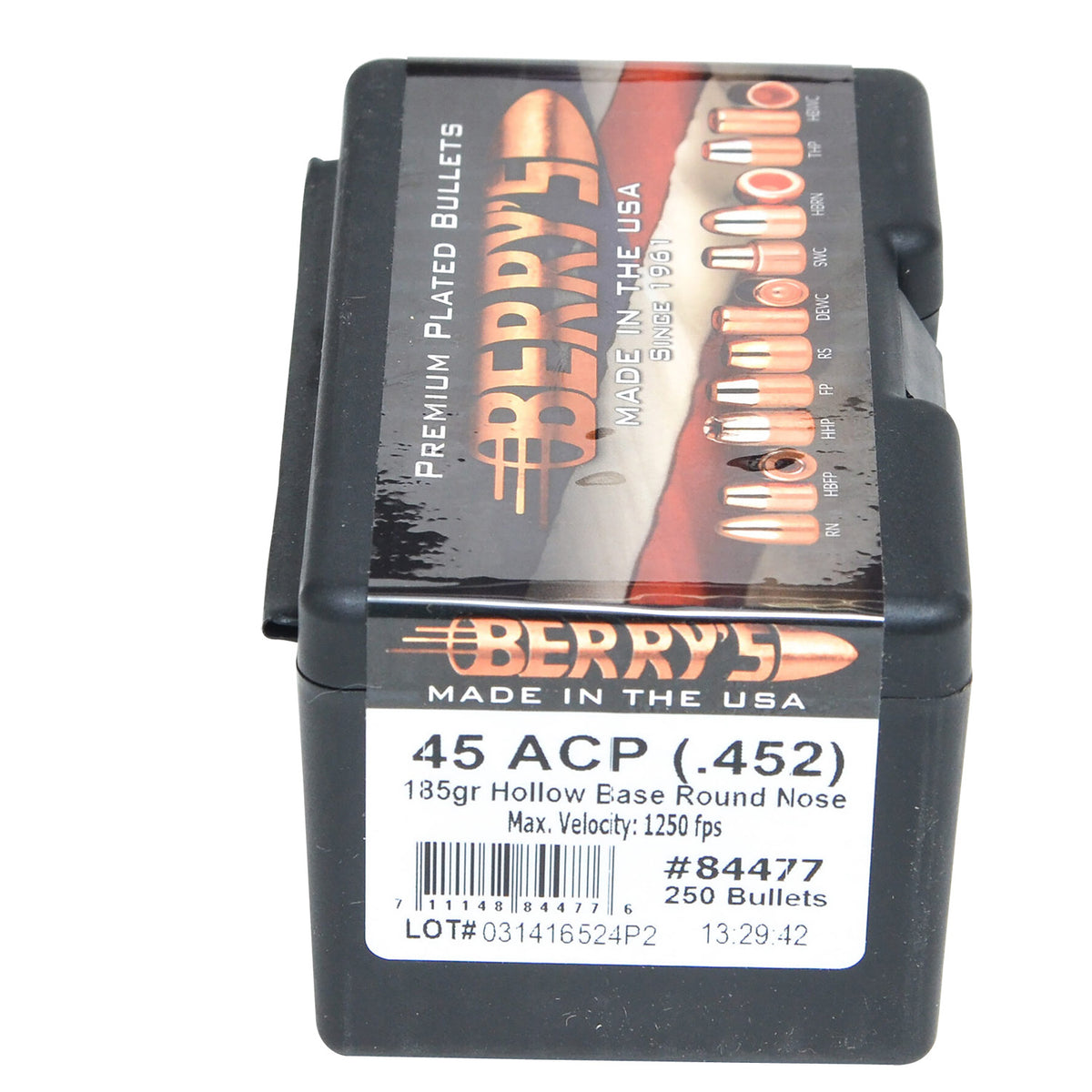 Berry's 84477 45 Cal 185gr Hollow Base RN Reloading Bullets 250/Box