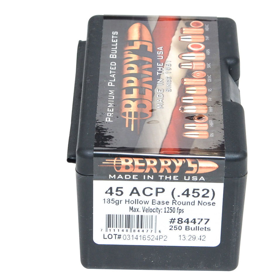 Berry's 84477 45 Cal 185gr Hollow Base RN Reloading Bullets 250/Box