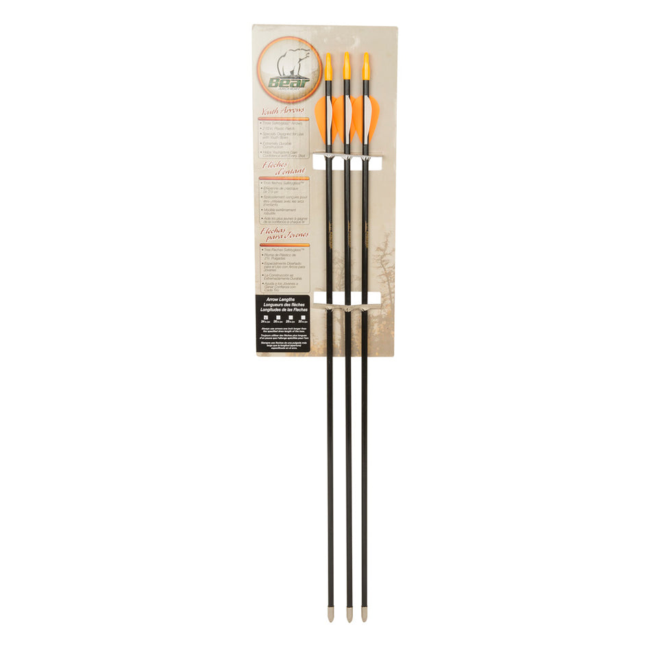Bear Brave Fiberglass Youth Arrows 3 Pk. Factory Fletched Includes Glue On Nocks and Points