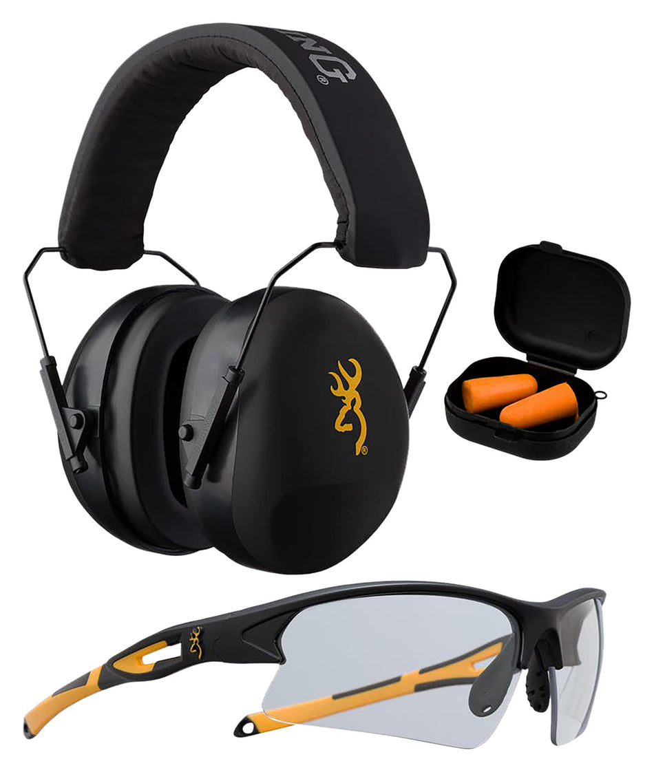 Browning 126368 Range Kit Eye and Ear Protection Combo 27dB Earmuff Orange/Black Adult