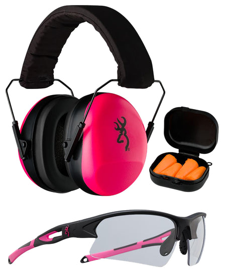 Browning 126373 Range Kit Eye and Ear Protection Combo 27dB Earmuff Orange/Pink Women