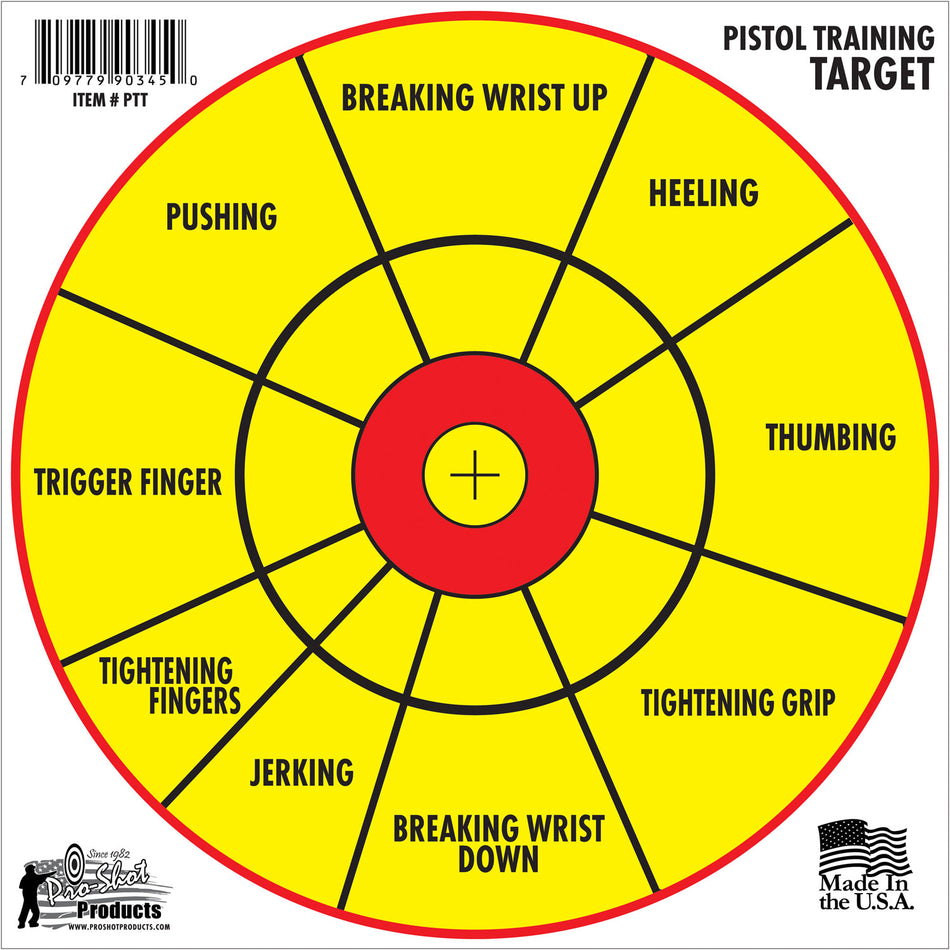 Pro-Shot Pistol Training Diagnostic Bullseye Hanging Paper Targets 12" Yellow Red 6-Pack