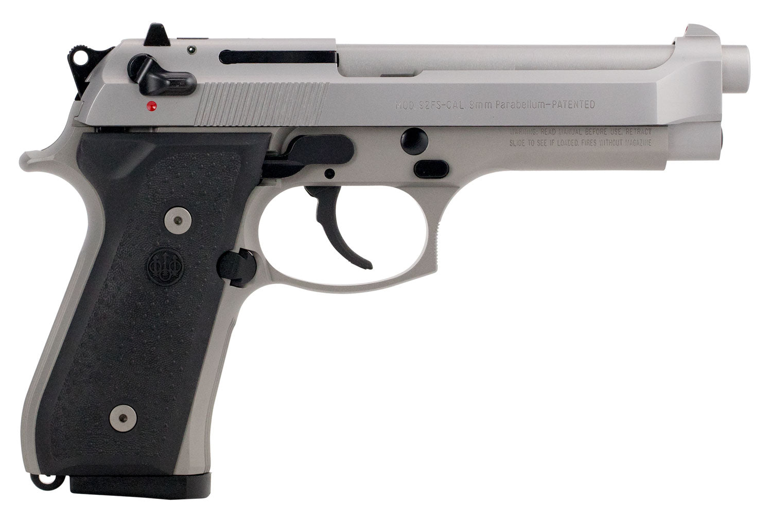 Beretta 92FS Inox JS92F510CA - CA Compliant Full-Size 9mm Luger, 10+1, 4.90" Satin Stainless Barrel, Serrated Slide, Alloy Frame, Black Stippled Rubber Grips
