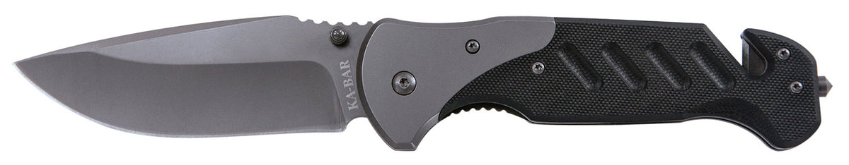 Ka-Bar Coypu Folding Knife 3.75" Clip Point Stonewashed Blade, Black G10 Handle, Features Glass Breaker and Seat Belt Cutter
