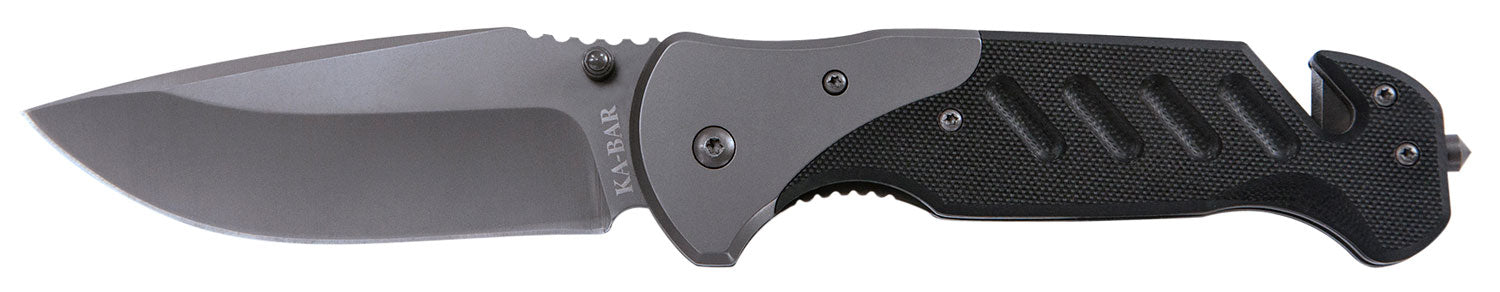 Ka-Bar Coypu Folding Knife 3.75" Clip Point Stonewashed Blade, Black G10 Handle, Features Glass Breaker and Seat Belt Cutter