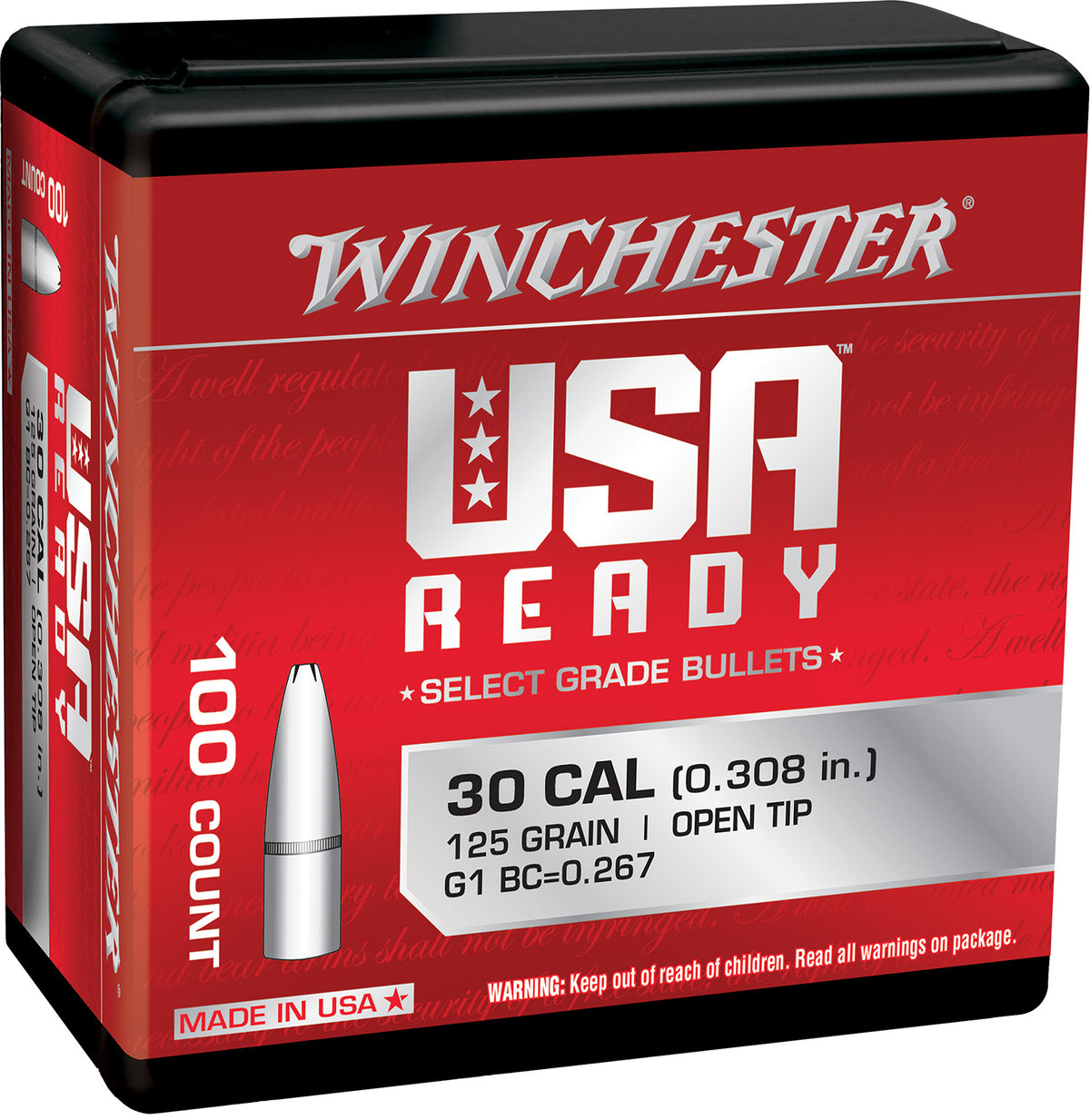 Winchester Centerfire 308 Win 125gr Open Tip Rifle Bullets Box of 100