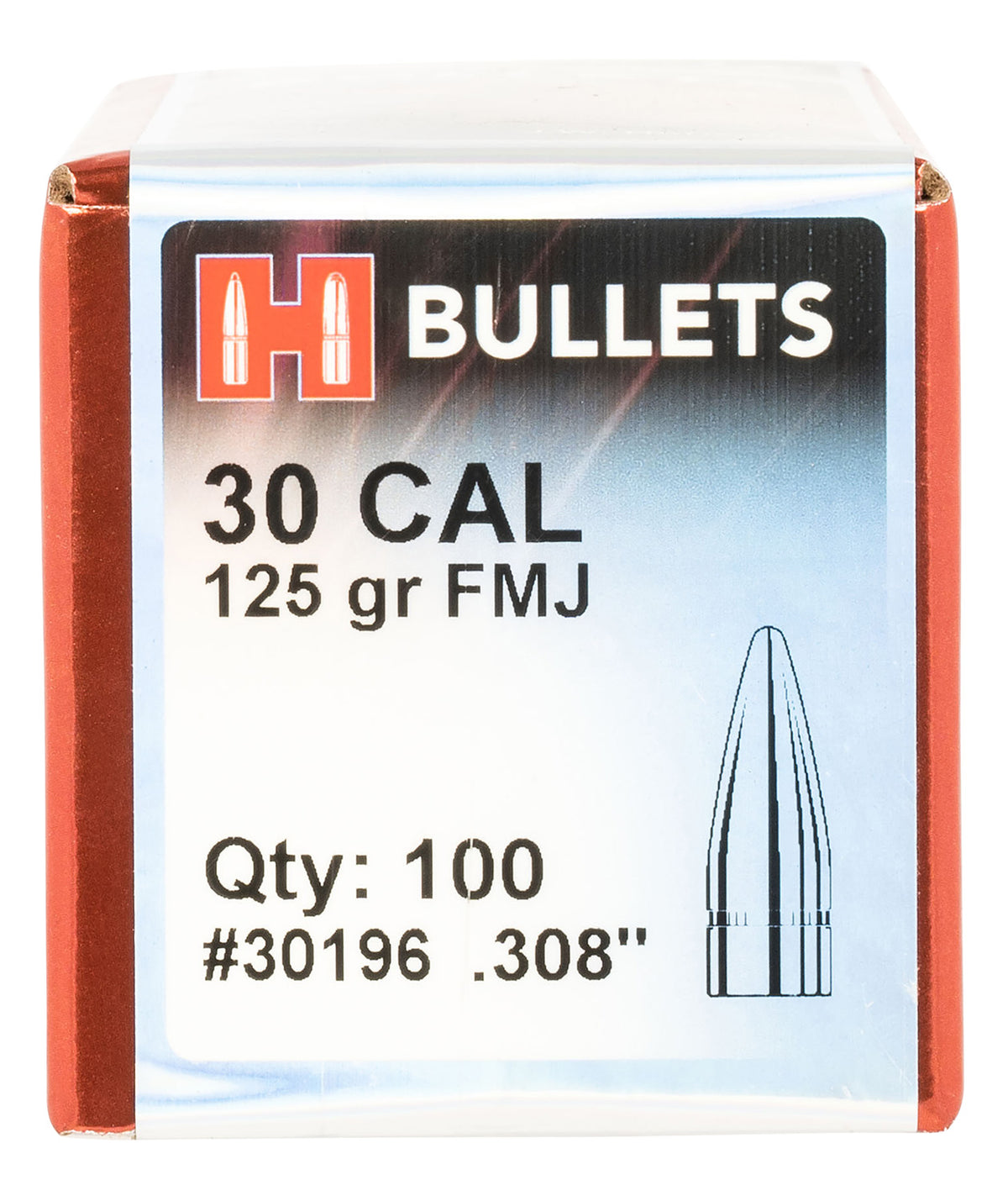 Hornady Full Metal Jacket .308 Diameter 125 Grain 30 Cal Bullets 100 Per Box