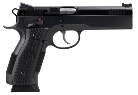 CZ-USA 91731 A01-LD Full Size Frame 9mm Luger 19+1 4.93" Black Match Grade Bull Barrel, Blued Serrated Steel Slide, Blued Steel Frame w/Beavertail, Black Checkered Polymer Grip