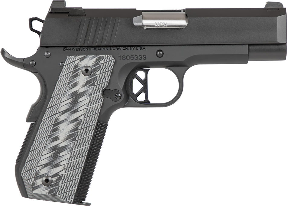 Dan Wesson 01884 EPC 9mm Luger Pistol, 9+1 Capacity, 4" Stainless Bull Barrel, Black Duty Serrated Slide, Black Aluminum Frame w/Beavertail, Black/Gray G10 Grips