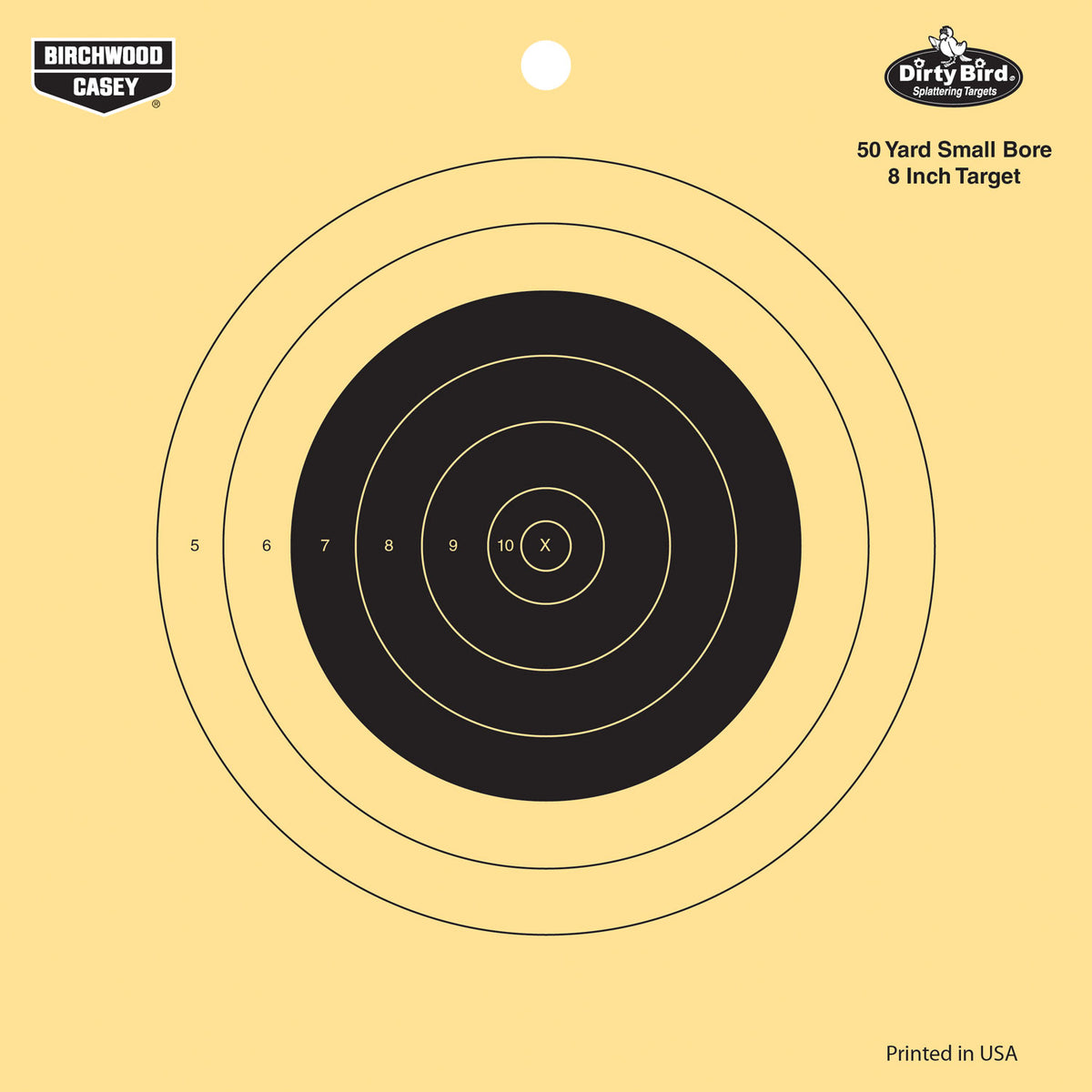 Birchwood Casey Dirty Bird 8" Bullseye Hanging Target Small Bore Rifle 50 yds Black/Yellow Tagboard 25 Pack