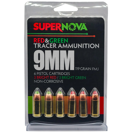 Supernova Tracer Pistol Ammunition 9mm 119 gr. FMJ Green & Red Tracer 6 rd.
