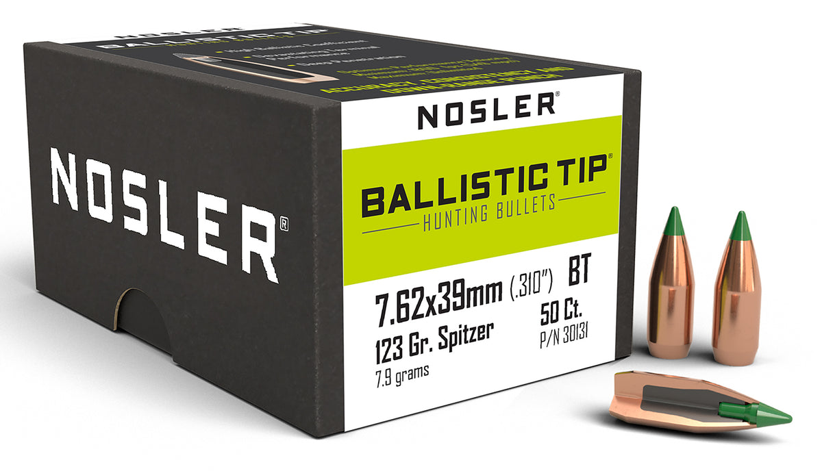 Nosler Ballistic Tip Hunting 7.62x39mm 123gr Spitzer Boat Tail Bullets Box of 50