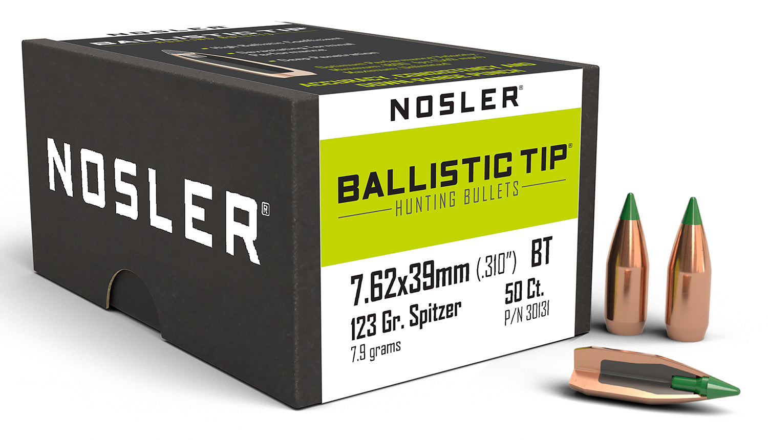 Nosler Ballistic Tip Hunting 7.62x39mm 123gr Spitzer Boat Tail Bullets Box of 50