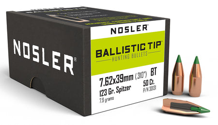 Nosler Ballistic Tip Hunting 7.62x39mm 123gr Spitzer Boat Tail Bullets Box of 50