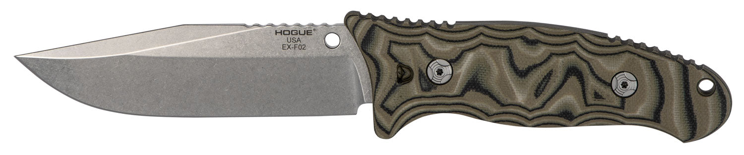 Hogue 35278 EX-F02 Fixed Blade 4.50" Clip Point, Tumble Polished 154CM Stainless, G-Mascus Green G10 Handle