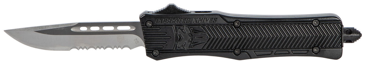 CobraTec Knives CTK-1 Small 2.75" OTF Drop Point Part Serrated D2 Steel Blade Black Aluminum Handle with Glass Breaker