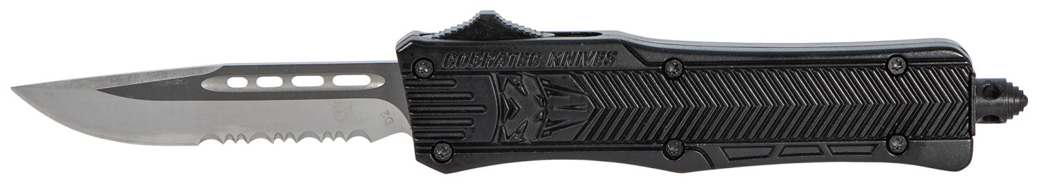 CobraTec Knives CTK-1 Small 2.75" OTF Drop Point Part Serrated D2 Steel Blade Black Aluminum Handle with Glass Breaker