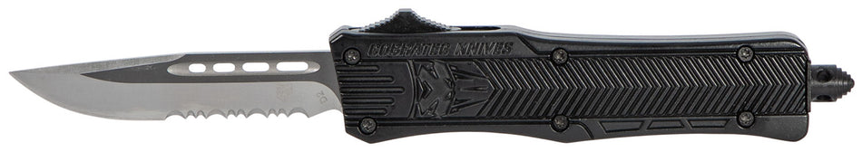 CobraTec Knives CTK-1 Small 2.75" OTF Drop Point Part Serrated D2 Steel Blade Black Aluminum Handle with Glass Breaker