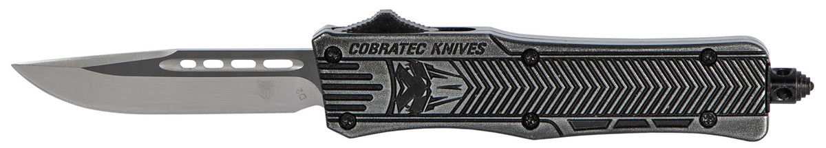 CobraTec Knives CTK-1 Small 2.75" OTF Drop Point Plain D2 Steel Blade Stonewashed Black Aluminum Handle with Glass Breaker