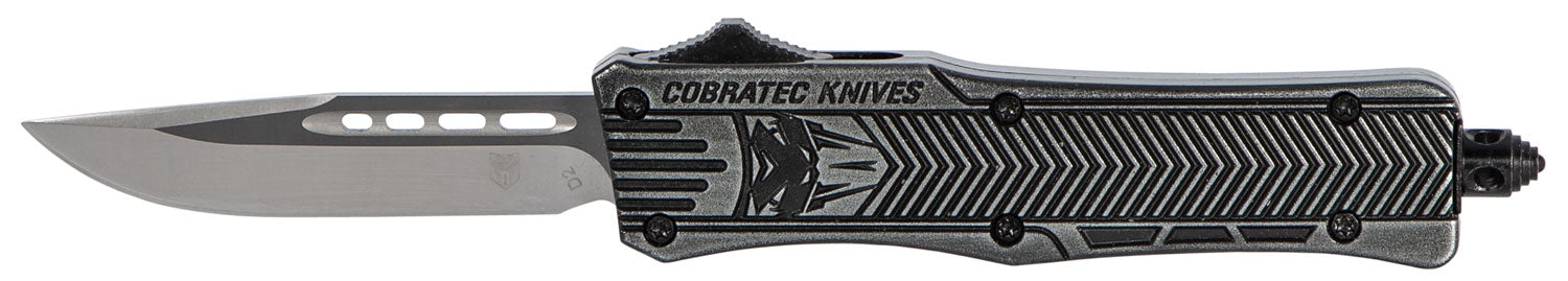 CobraTec Knives CTK-1 Small 2.75" OTF Drop Point Plain D2 Steel Blade Stonewashed Black Aluminum Handle with Glass Breaker